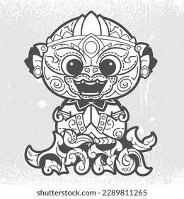 Cute hanuman cartoon character hello thai style on grunge background illustration vector.