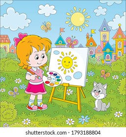 Cute happily smiling little girl drawing the sun and clouds with paints on her easel in a green summer park of a pretty small town on a wonderful sunny day, vector cartoon illustration