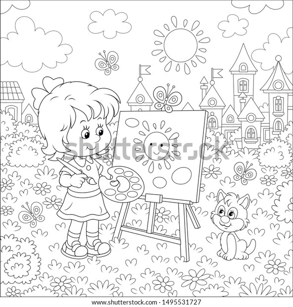 Cute Happily Smiling Little Girl Drawing Stock Vector Royalty