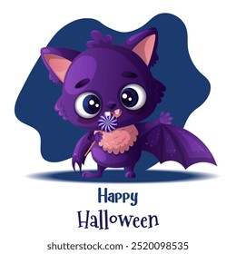 A cute, happily smiling purple bat is eating a sweet lollipop. Charming funny animal with cartoon vector illustration