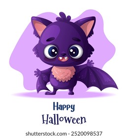 A cute, happily smiling purple bat waves in greeting. Charming funny animal with cartoon vector illustration