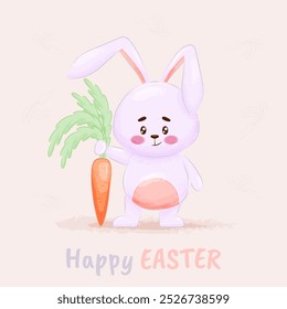 A cute, happily smiling rabbit with a carrot. Adorable funny animals with cartoon vector illustration. Easter Postcard