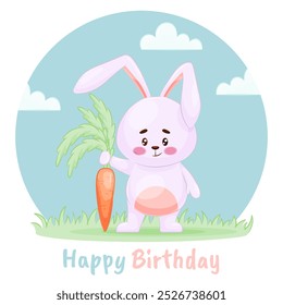 A cute, happily smiling rabbit with a carrot. Adorable funny animals with cartoon vector illustration. Birthday card