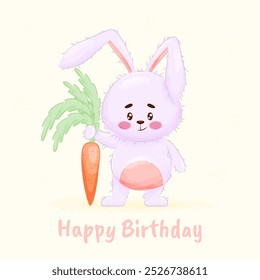 A cute, happily smiling rabbit with a carrot. Adorable funny animals with cartoon vector illustration. Birthday card