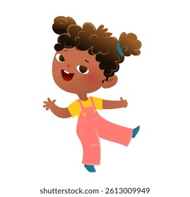 Cute Happy African American Baby Girl Dancing Jumping and Having Fun. Playful childhood cartoon, lively black little girl character design. Vector little child illustration clip art for kids education