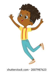 Cute happy African American boy jumping and dancing cheerfully on a white background. Laughing school boy, vector background for poster, cover, etc.