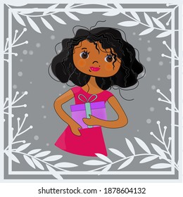 Cute happy African American brunette girl with gifts Emotion kids. Decorative vector illustration on a gray background with space for text.
