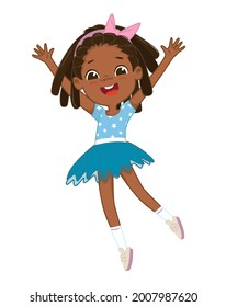 Cute happy African American girl jumping and dancing cheerfully on a white background. Laughing girl, vector background for poster, cover, etc.