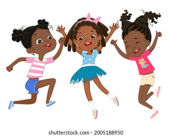 Cute happy african american girls play together, jumping and dancing fun against the background. Laughing girls, vector background for poster, cover, etc.