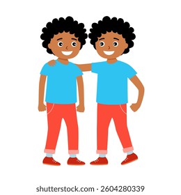 Cute happy African boys twins in flat design on white background.