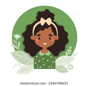 Cute happy afro american ethnic girl child with curly hairstyle. Eco friendly clothing and ecology. Recycle and environmental care. Vector illustration in flat style