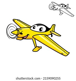 Cute Happy Airplane Flying with Black and White Line Art Drawing, Transport, Vector Character Illustration, Outline Cartoon Mascot Logo in Isolated White Background.