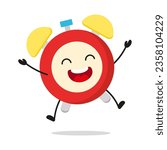 Cute happy alarm clock character. Funny victory jump celebration clock cartoon emoticon in flat style. alarm clock emoji vector illustration