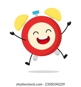 Personaje de reloj de alarma feliz. Divertido emoticono de caricatura de la celebración del salto de victoria en estilo plano. ilustración del vector del reloj de alarma