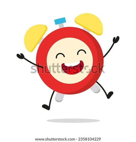 Cute happy alarm clock character. Funny victory jump celebration clock cartoon emoticon in flat style. alarm clock emoji vector illustration