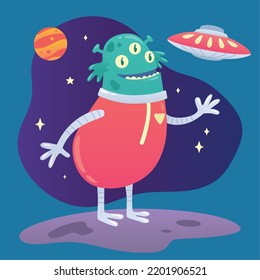 Cute happy alien character waving his hand Vector
