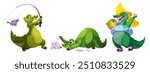 Cute and happy alligator character vector set. Funny crocodile icon with emotions. Adorable zoo reptile fishing and play card clipart. Comic summer animal mascot collection for school drawing.