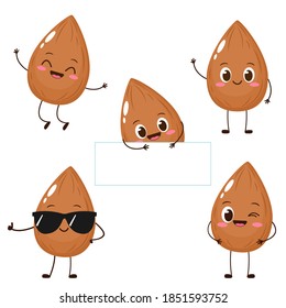 Cute happy almond character set. Funny nut emoticon in flat style. Brown almond emoji vector illustration. Healthy vegetarian food