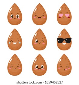 Cute happy almond character set. Funny nut emoticon in flat style. Brown almond emoji vector illustration. Healthy vegetarian food