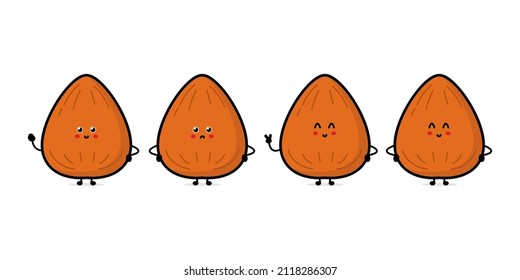 Cute happy almond character set. Funny nut emoticon in flat style. Brown almond vector illustration. Healthy vegetarian food