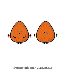 Cute happy almond character set. Funny nut emoticon in flat style. Brown almond vector illustration. Healthy vegetarian food