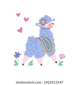Cute happy alpaca, vector illustration isolated on white background. Drawn in simple cartoon style. Kind adorable animal for children design. Decorated funny and cheerful lama. Colorful picture