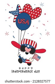 cute happy America gnome celebrate independence day holding nation balloons and USA flag, cute fun cartoon drawing vector banner.