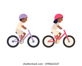 Cute happy American children riding bicycles. African girl and boy ride bikes. Healthy lifestyle. Sport vehicles competition concept. Vector illustration isolated on white