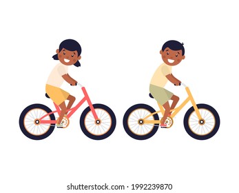 Cute Happy American Children Riding Bicycles. African Girl And Boy Ride Bikes. Healthy Lifestyle. Sport Vehicles Competition Concept. Vector Illustration Isolated On White