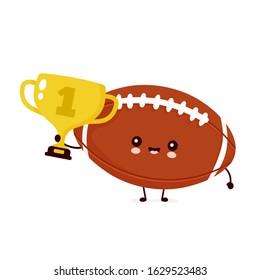 Cute happy american football rugby ball with gold trophy. Vector flat cartoon character illustration icon design.Isolated on white background.  Rugby ball character concept