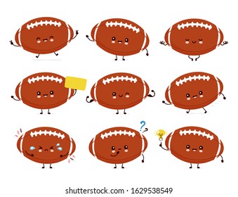 Cute happy american football rugby ball set collection. Vector flat cartoon character illustration icon design.Isolated on white background.  Rugby ball character bundle concept