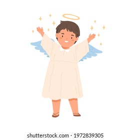 Cute happy angel child with wings, halo and stars around. Little boy in dress with hands raised to heavens. Baptism concept. Colored flat vector illustration of kid soul isolated on white background