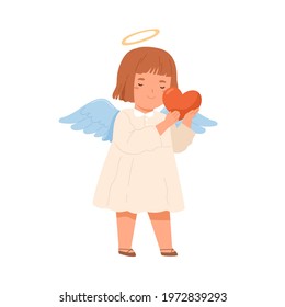 Cute happy angel with wings holding heart in hands. Peaceful little girl giving love, hope and peace. Charity concept. Colored flat vector illustration of child spirit isolated on white background