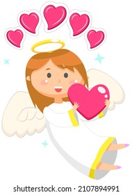 Cute happy angel with wings holding heart in hands. Peaceful little girl giving love, hope and peace. Small spiritual being, divine creature in romantic style. Valentine angel with pink hearts