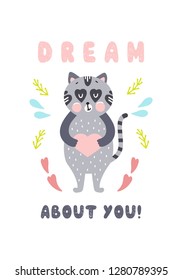 Cute happy animal card. Happy Valentine's day postcard. Vector illustration