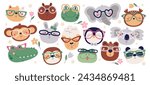 Cute happy animal faces and heads wearing trendy fashion style eyeglasses accessory vector illustration. Funny stylish kawaii creature characters art design, various cartoon muzzles isolated on white