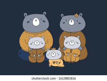 Cute happy animal family of teddy bears: the best father, mother, children, sister, brother, newborn baby. Portrait with all the relatives, family member of all ages isolated on dark background