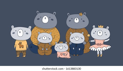 Cute happy animal family of teddy bears: the best dad ever, father, mother, mom, children, sister, brother, newborn baby. Portrait with all the relatives, family members of all ages