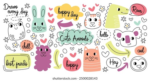 Lindas cabezas de animales felices y colección de dibujo de estilo de línea gráfica de boceto de texto escrito a mano motivacional. Doodle criatura mejores amigos y simpáticos símbolos de comunicación dibujados a mano Ilustración vectorial