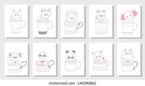 cute happy animal vector illustration set