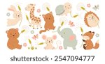 Cute happy animals characters holding fluffy dandelions flower playing outdoors natural set. Funny bear, hare elephant, hedgehog, mouse, turtle, giraffe, fox with blowball vector illustration