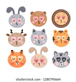 Cute happy animals collection. Happy Valentine's day postcard. Vector illustration