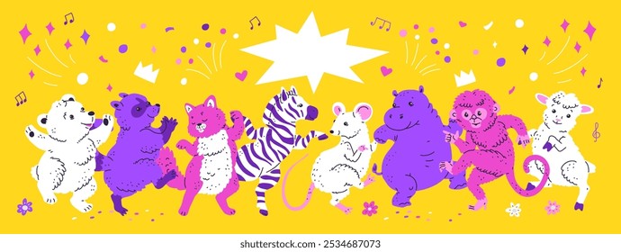 Animais lindos e felizes dançando juntos. Cartoon vetor engraçado ovelhas e gato, zebra, guaxinim, hipopótamo e rato, urso e macaco se divertem em festa disco, serpentina, fogos de artifício. Entretenimento musical