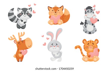 Cute Happy Animals Holding Hearts and Smiling Vector Set