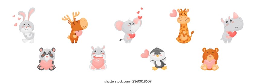 Cute Happy Animals Holding Hearts and Smiling Vector Set