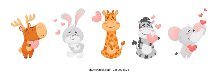 Cute Happy Animals Holding Hearts and Smiling Vector Set
