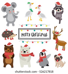 Cute Happy Animals for Merry Christmas greetings card design.