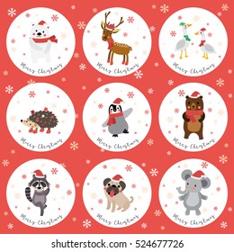 Cute Happy Animals with snowflakes for Merry Christmas greetings card design. 