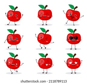 Personaje de manzana alegre. Divertido emoticono de fruta en estilo plano. Pasos 10