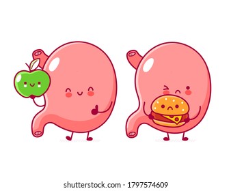 Cute happy with apple and sad with burger stomach organ. Vector flat line cartoon kawaii character illustration icon. Isolated on white background. Nutrition concept
